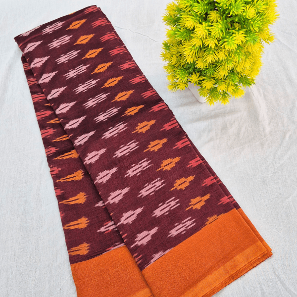 Brown Pure Handloom Pochampally Ikat Cotton Saree