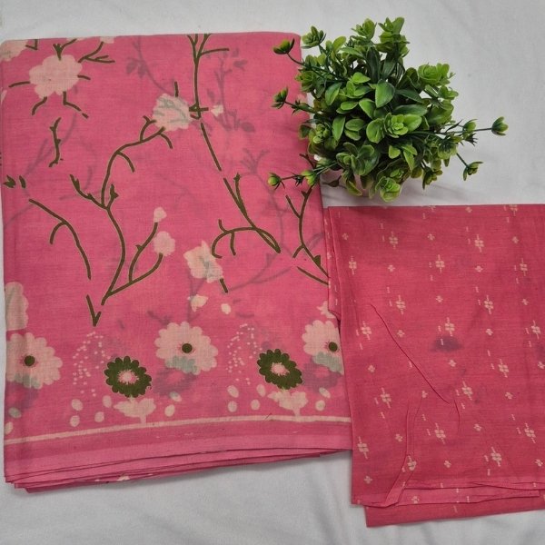 Rose Pink Floral Pure Cotton Saree with Blouse