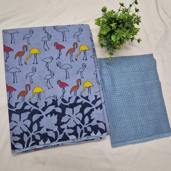 Sky Blue Flamingo Print Pure Cotton Saree with Blouse