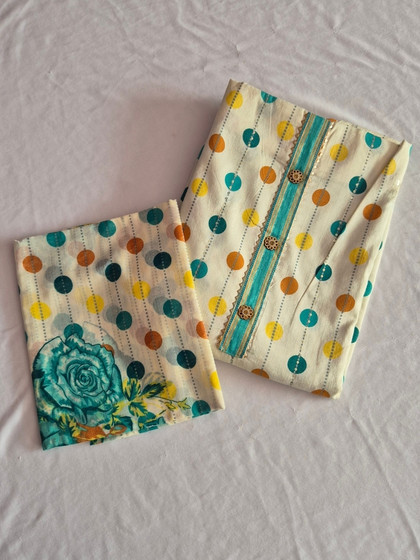 Teal & Rose Polka Dot Slub Cotton Chudidhar Material