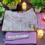 Lilac Patterned Round Neck Cotton Kurti Set