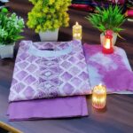 Lilac Geometric Pattern Round Neck Cotton Kurti Set