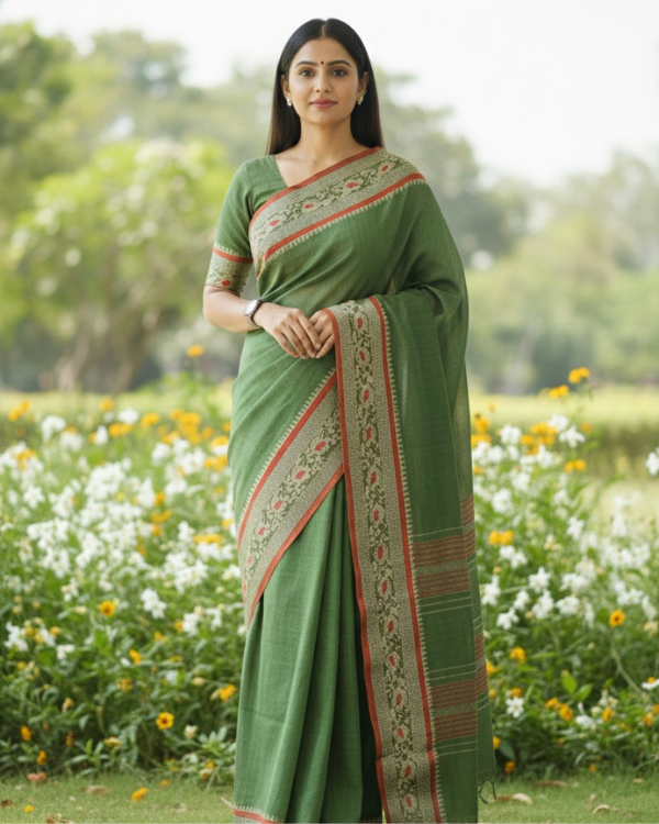 Khadi Saree with Fine Threadwork Border Accents