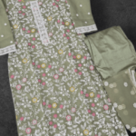 Olive Green Organza Kurti Set – Floral Embroidery, Round Neck