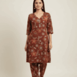 Maroon Floral Print Cotton Co-ord Set with Collar Neck