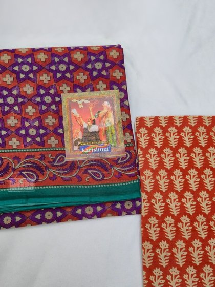 Purple and Teal Geometric Karishma Cotton Saree with Blouse