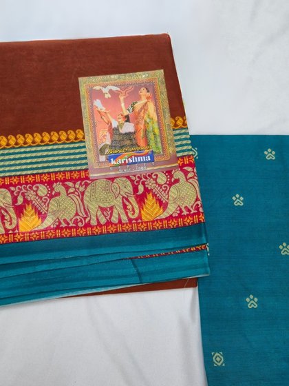 Terracotta and Teal Karishma Cotton Saree with Blouse