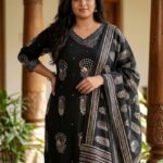 Black Block Print Plus Size Anarkali Kurti Set
