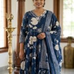 Navy Blue Floral Print Plus Size Anarkali Kurti Set