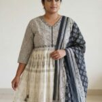 Off White Block Print Plus Size Anarkali Kurti Set