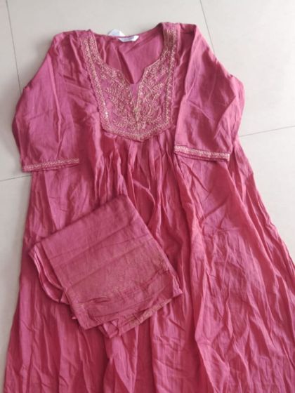 Pink Embroidered Plus Size Flared Kurti Set