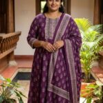 Purple Floral Print Plus Size Anarkali Kurti Set