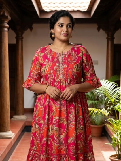 Red Floral Print Plus Size Tiered Kurti Set-1