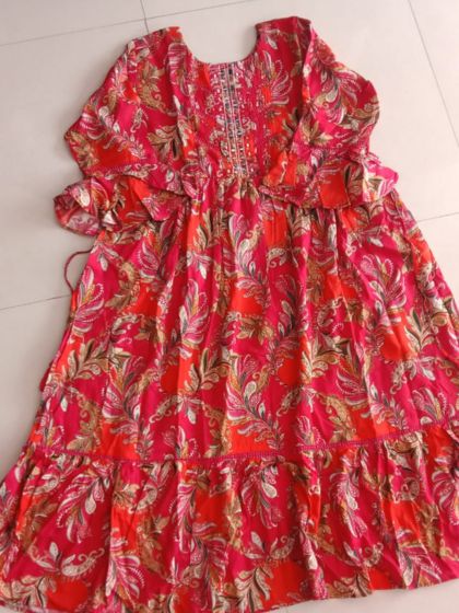 Red Floral Print Plus Size Tiered Kurti Set