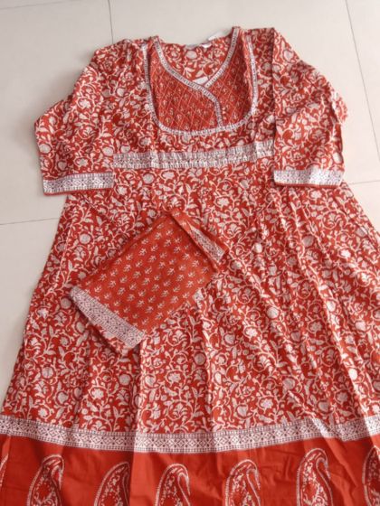 Rust Orange Floral Plus Size Anarkali Kurti Set