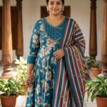 Teal Blue Floral Plus Size Anarkali Kurti Set