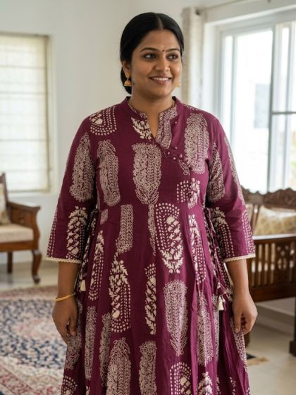 Wine Paisley Print Plus Size Anarkali Kurti Set